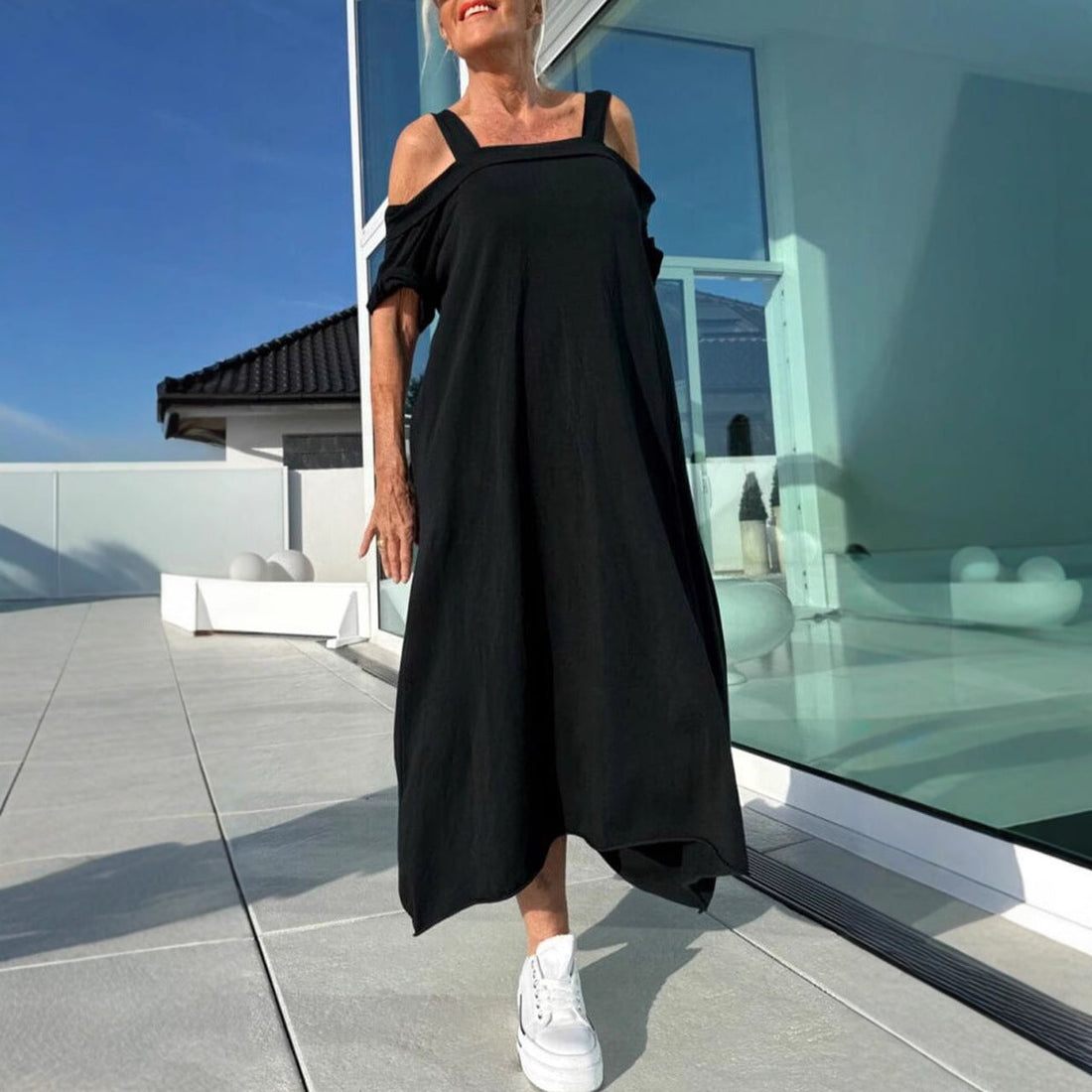 Dames Lange Jurk – Off Shoulder – Relaxed Fit – Luchtige Katoen – Casual Stijl