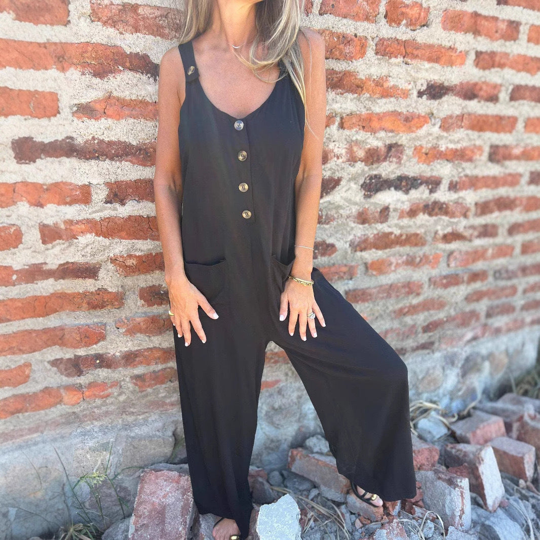 Dam Jumpsuit – Relaxed Passform – Vida Byxben – Bomullsblandning – Dekorativa Knappar