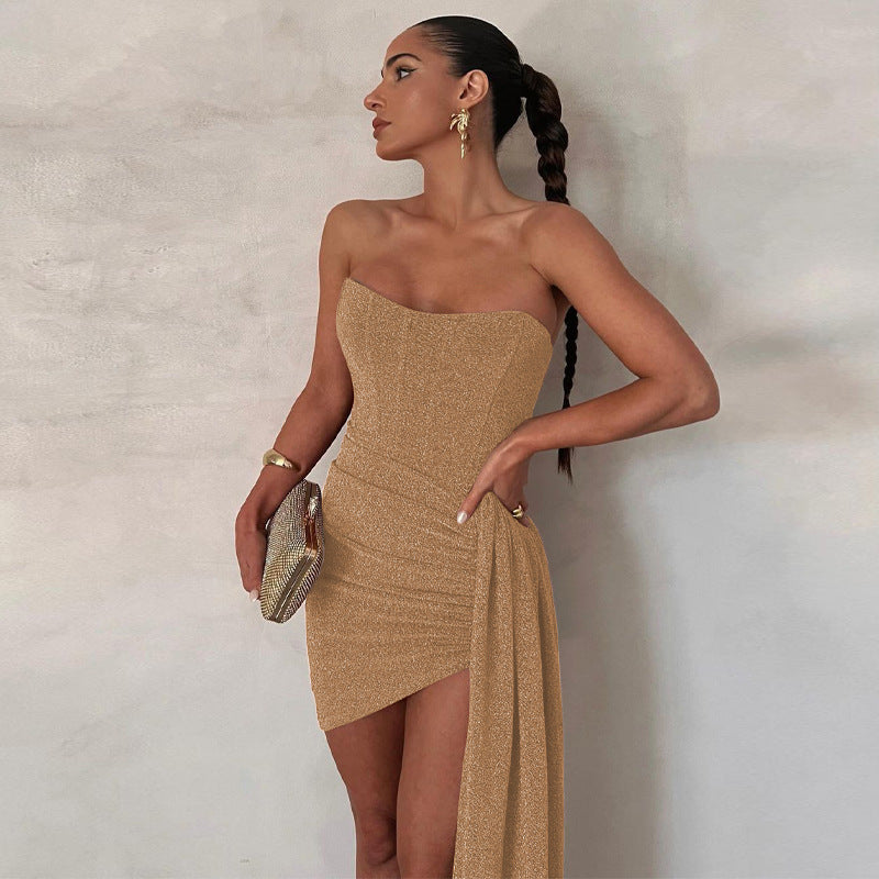 Dames Mini Jurk – Strapless Bodycon – Satijnlook – Asymmetrische Drapering