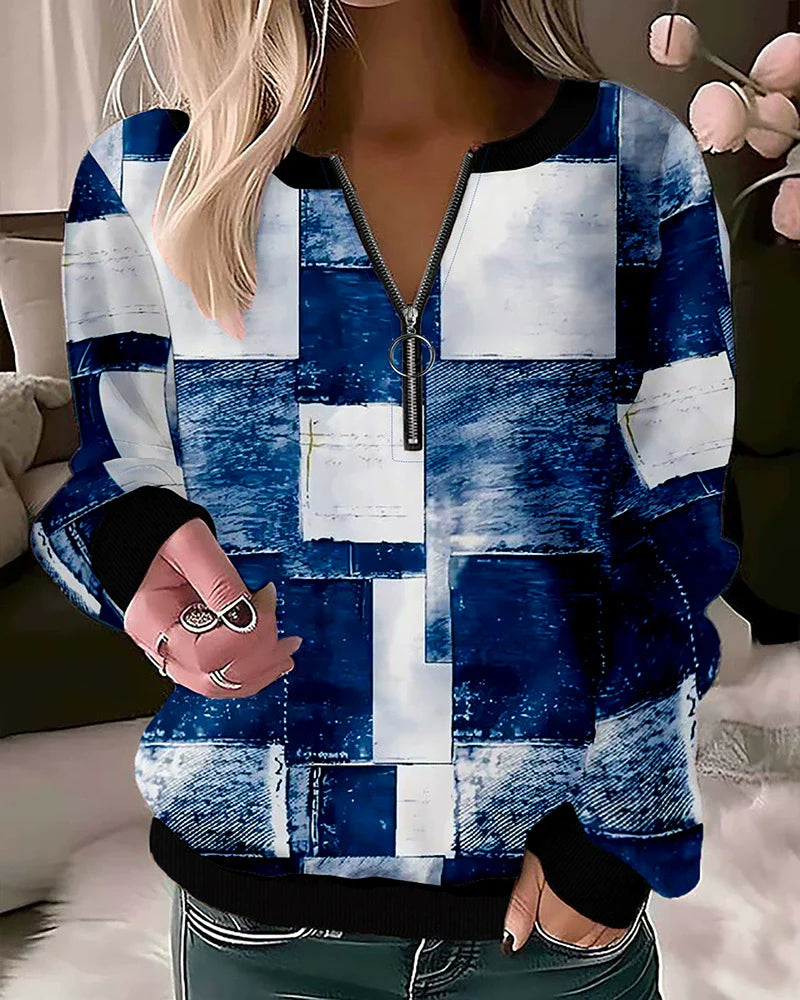 Dames Sweatshirt - Gebreide Stof - Relaxed Fit - Geribde Opstaande Kraag - Halve Rits