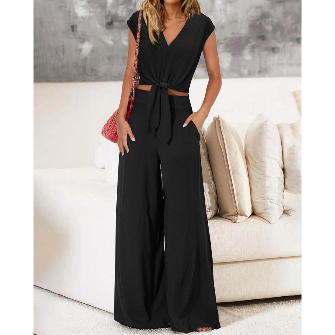 Dames 2-delig Set – Crop Top met V-hals en Strik – Hoge Taille Wijde Pijpen