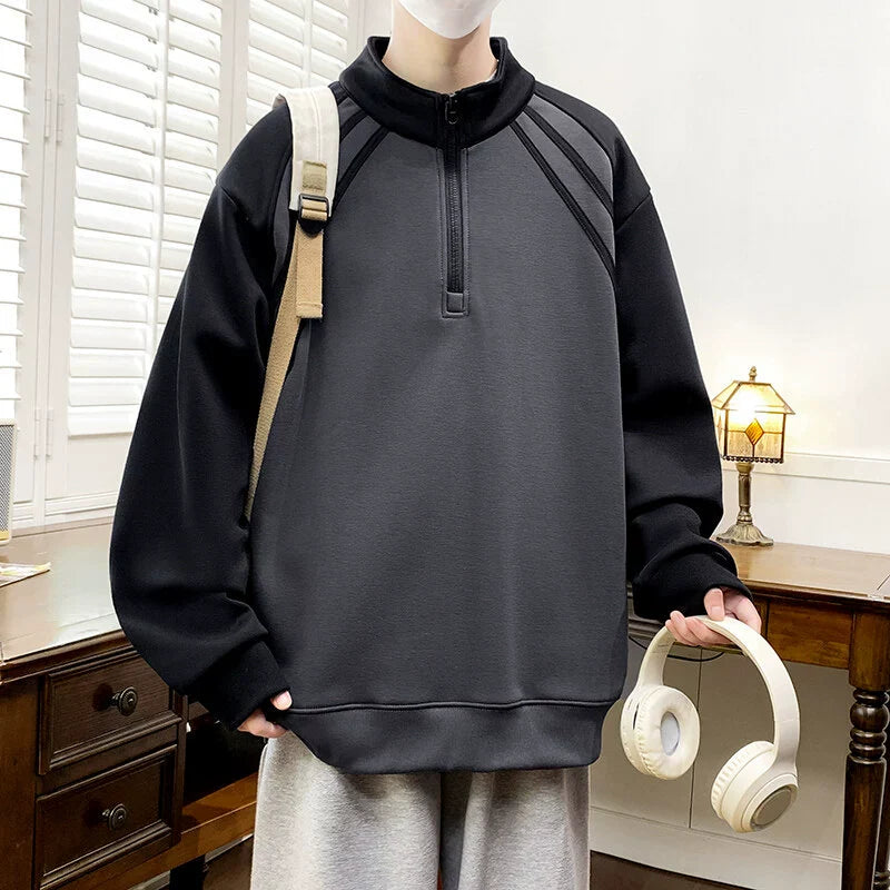 Heren Sweatshirt - Katoenmix - Oversized - Mouw met Raglan - Halve Rits - Ribboorden