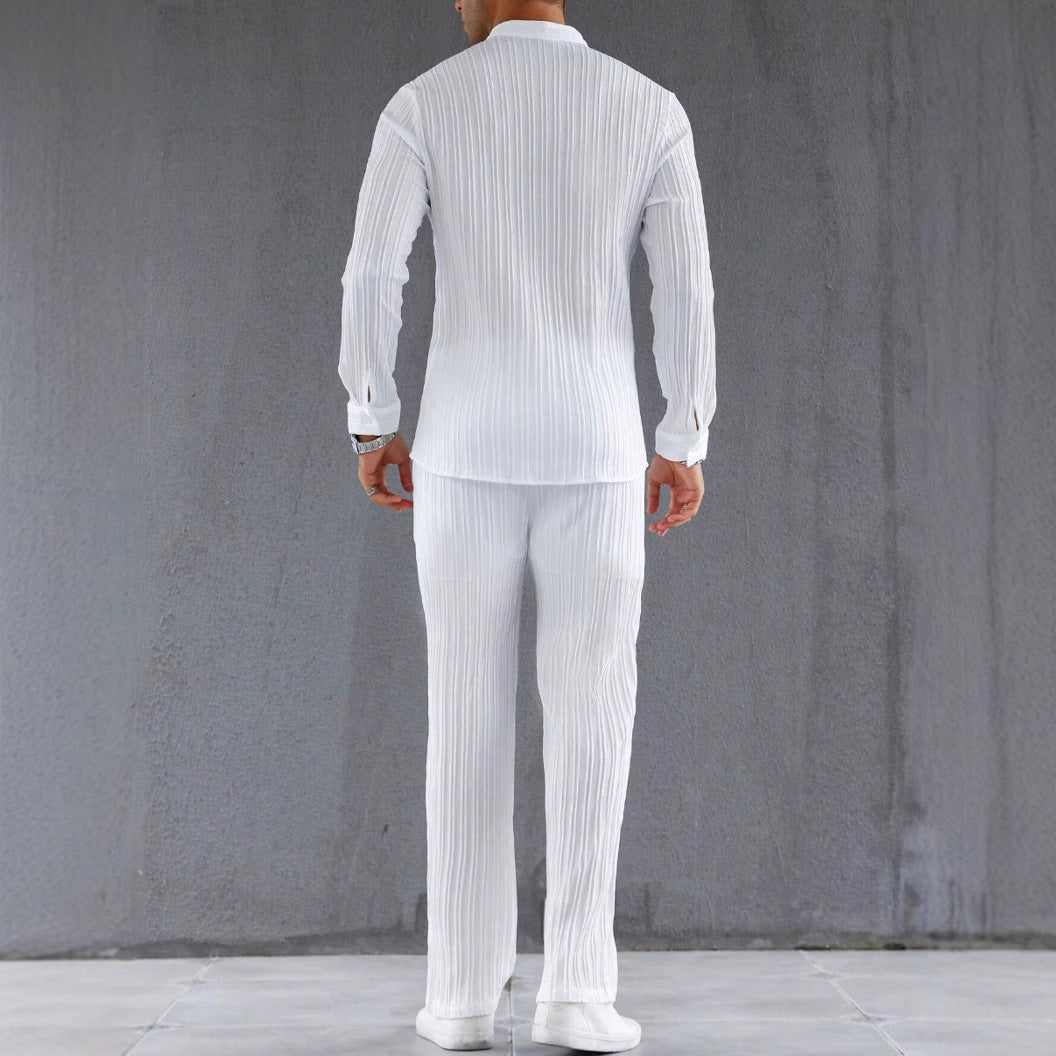 Heren Set Shirt en Broek – Slim Fit – Ribbelstructuur – Ademend Lichtgewicht Design
