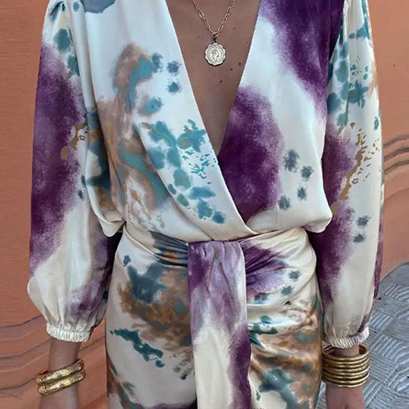 Damer Wrap Klänning – Lyxigt Tyg – Asymmetrisk Fåll – Puffärmar – Midi Längd