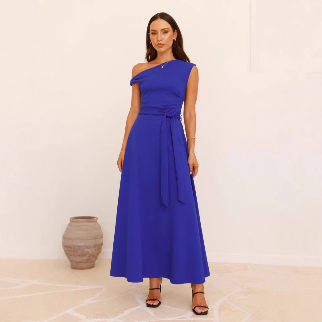 Dames Maxi Jurk – One-Shoulder – Asymmetrische Halslijn – Taille Ceintuur – Elegant Model
