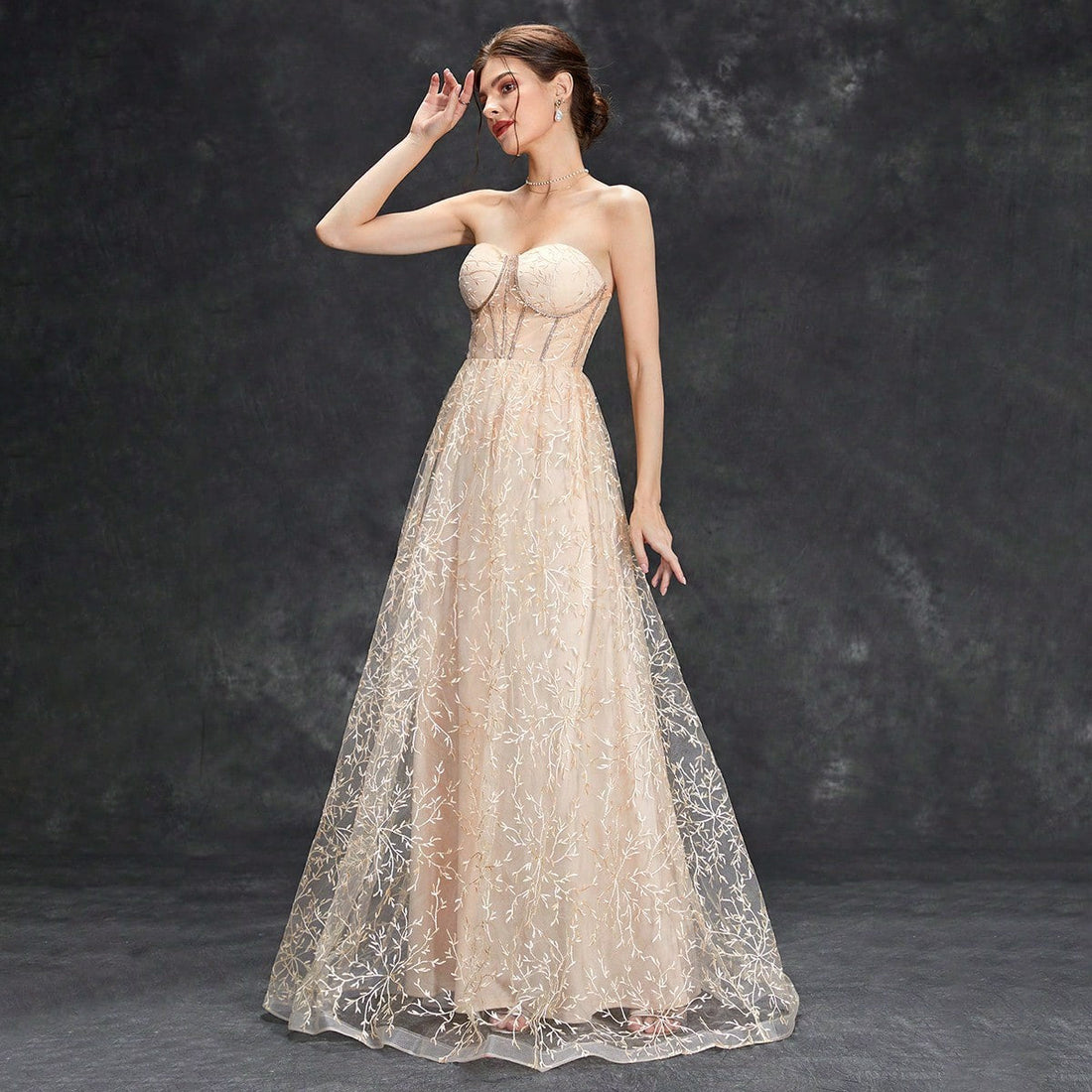 Dames Avondjurk – Strapless – Geborduurde Tulle – A-Lijn – Vloerlange Galajurk
