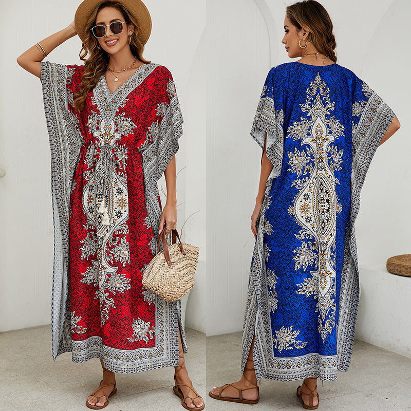 Dames Maxi Jurk – Losvallend Model – V-Hals – Korte Wijde Mouwen – Luxe Motief
