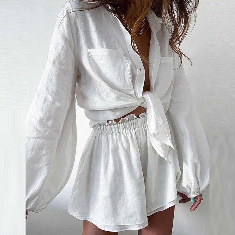 Dames Two-Piece Set – Katoenmengsel – Cropped Blouse met Striksluiting – Rucheshort