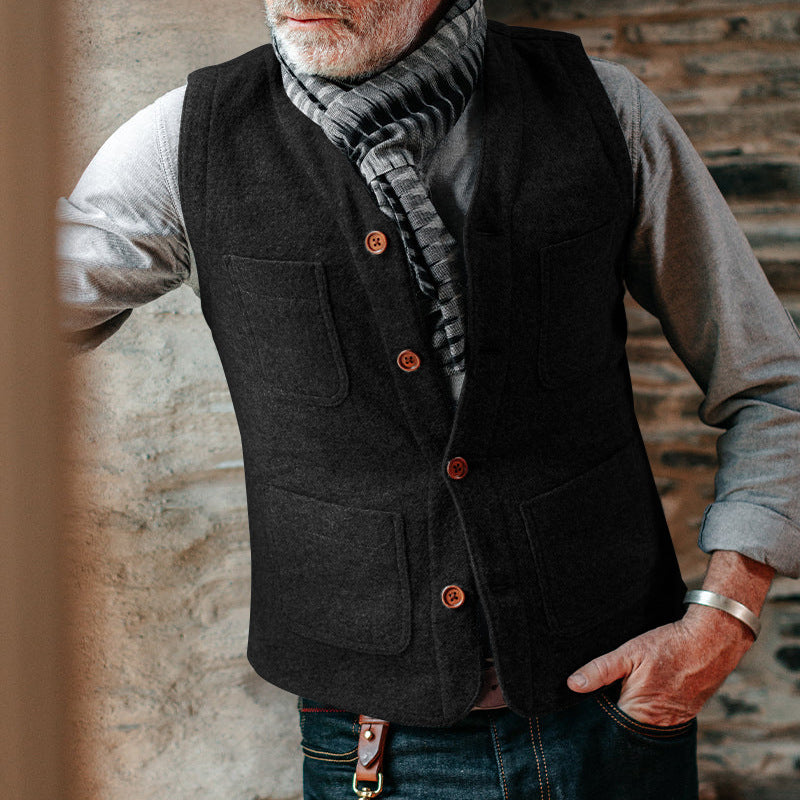 Heren Gilet – Getailleerde Pasvorm – Wolachtige Stof – Knoopsluiting – Paspelzakken
