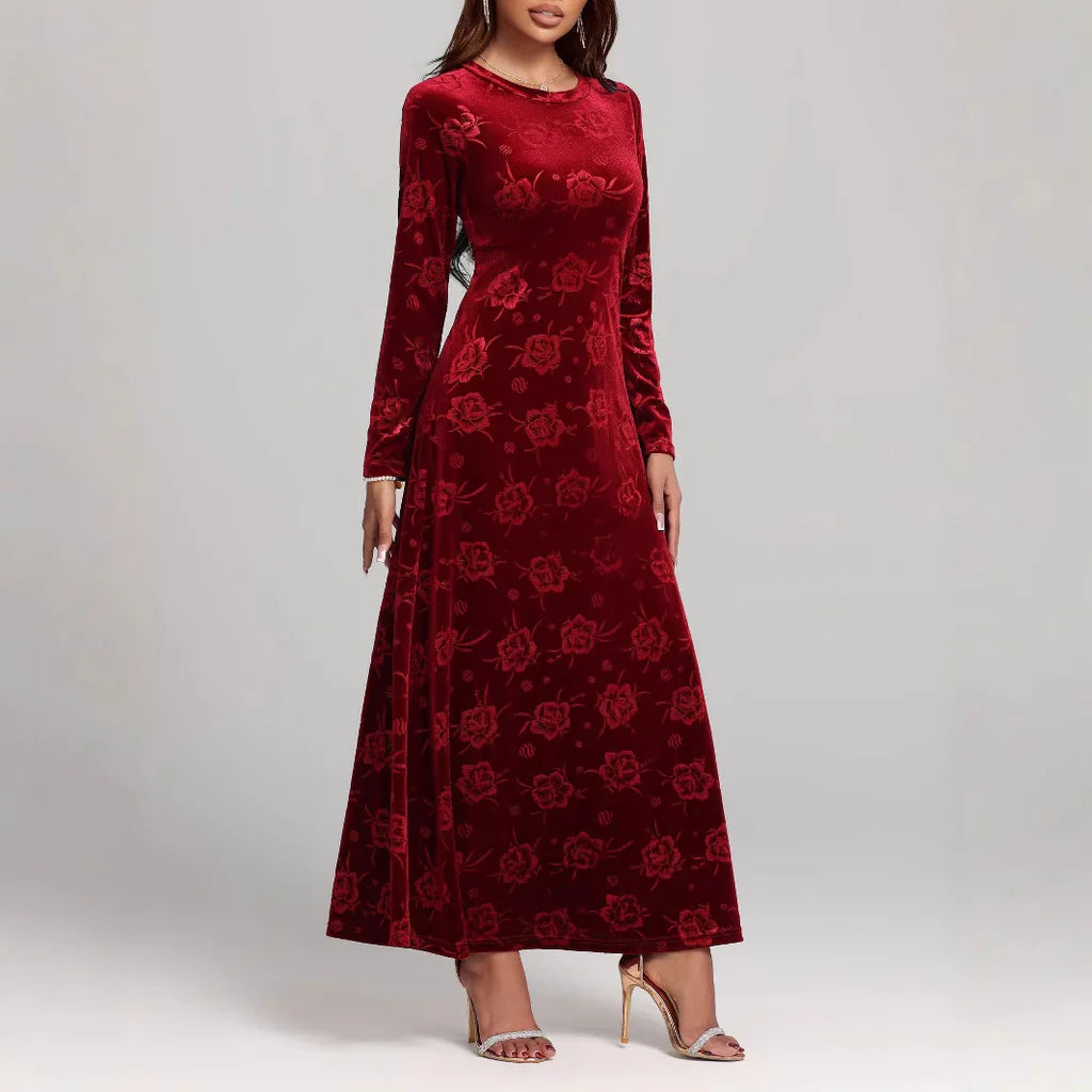 Dames Maxi Jurk – Fluwelen A-lijn – Bloemenreliëf – Lange Mouwen Elegant Model