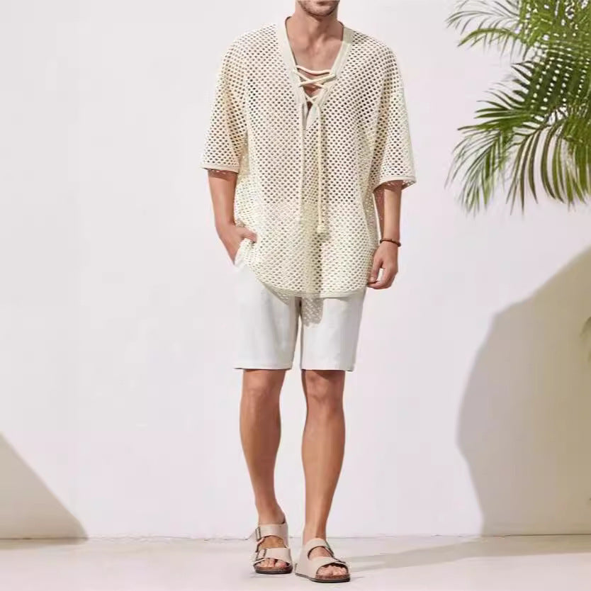 Heren T-shirt Mesh – Relaxed Fit – Ademend Sheer Effect – Vetersluiting Borst – Mid Sleeve