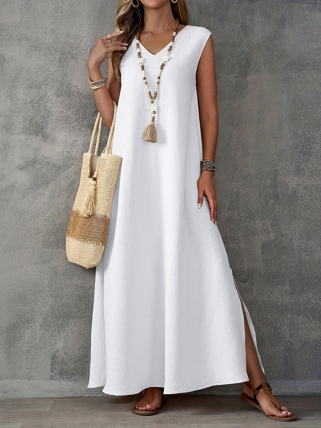 Dames Maxi Jurk – V-hals – Mouwloos – Luchtige Pasvorm – Zijsplitten – Katoenblend