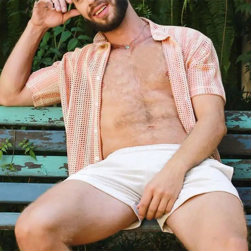 Herr Mesh Skjorta – Avslappnad Passform – Korta Ärmar – Andningsbar – Knappstängning