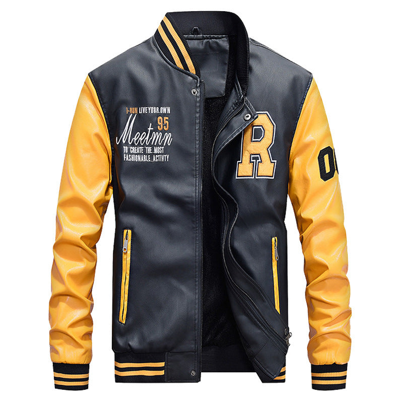 Heren Varsity Baseballjack – Leren Body – Ribboorden – Drukknoopsluiting – Patches