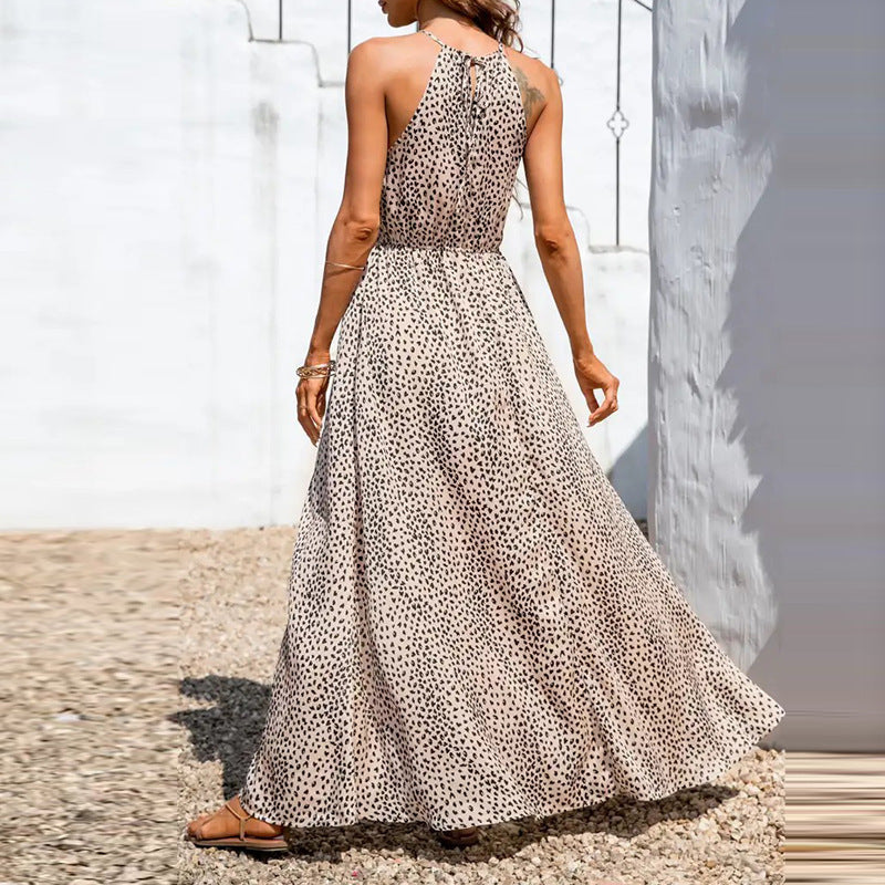 Dames Halterjurk – A-lijn Pasvorm – Mouwloos – Polkadot – Hoge Split Elegante Stijl
