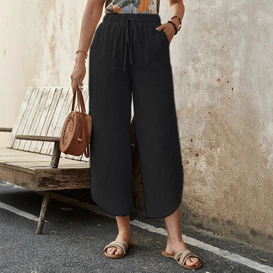Dames cropped broek – Hoge taille – Wijde pijpen – Katoen linnen – Trekkoord taille