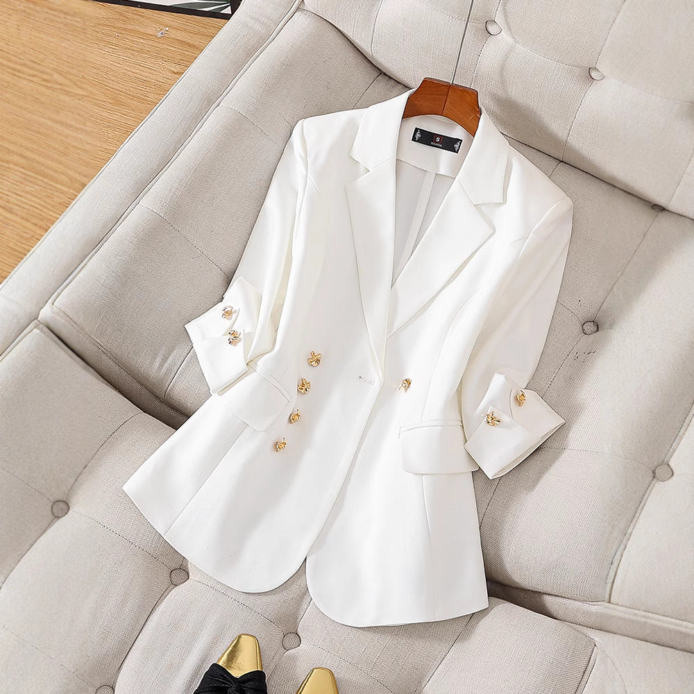 Dam Blazer – Figursydd Modell – Trekvarts Ärmar – Tvåradig Knäppning – Fickor Med Klaffar