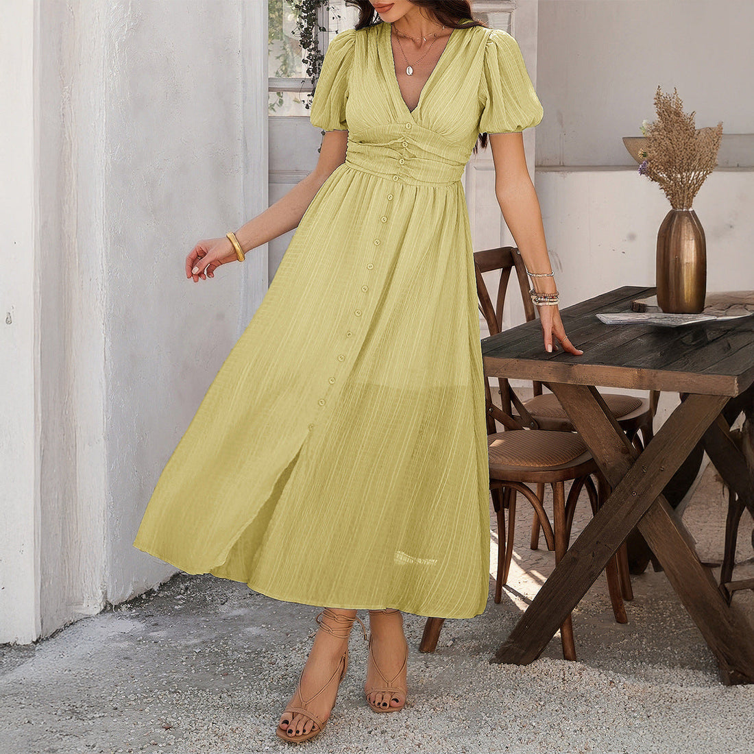 Dames Maxi Jurk – V-Hals – Hoge Taille – Pofmouw – Split – Knoopsluiting