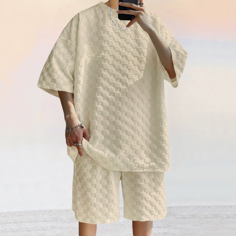 Heren Set – Jacquard Gebreid – Losvallend Shirt en Rechte Shorts – Ademend Comfort