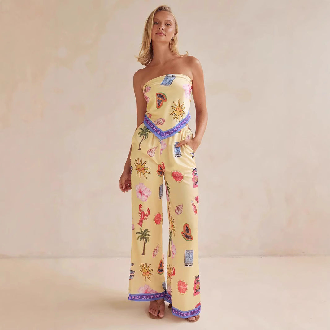 Damer Tvådelad Set – Axelbandslös Satäng Topp – Vida Ben Byxor – Elastisk Midja – Tryckmönster