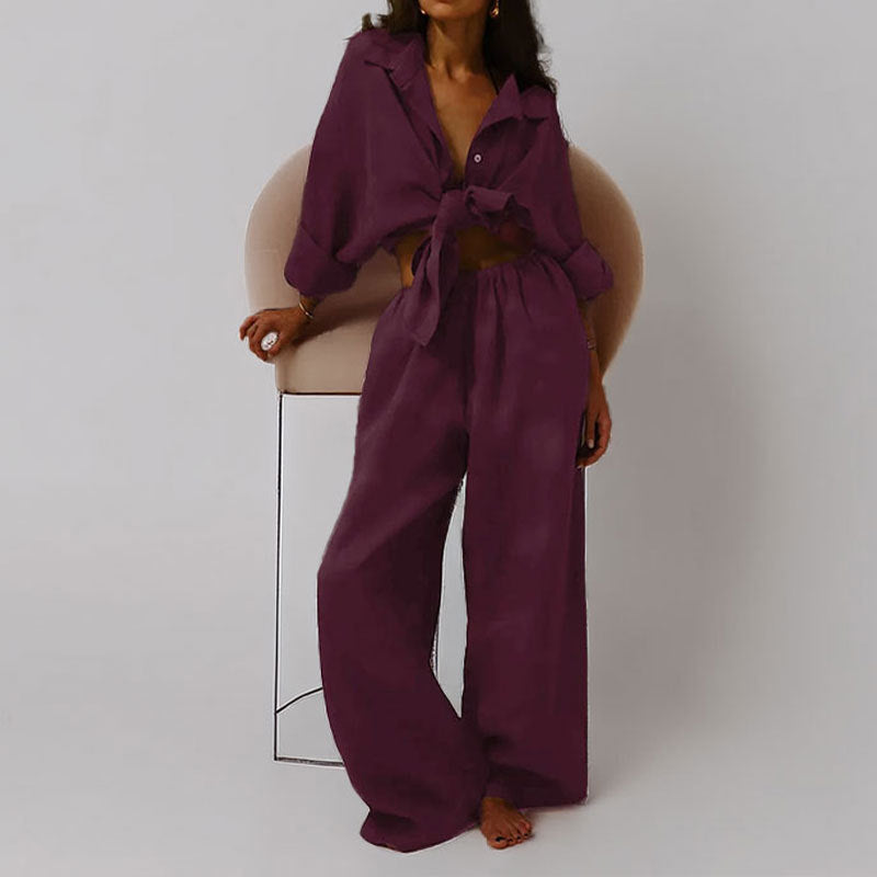 Damer Tvådelat Set – Oversized Passform – Naturligt Tyg – Blus och Vida Byxor