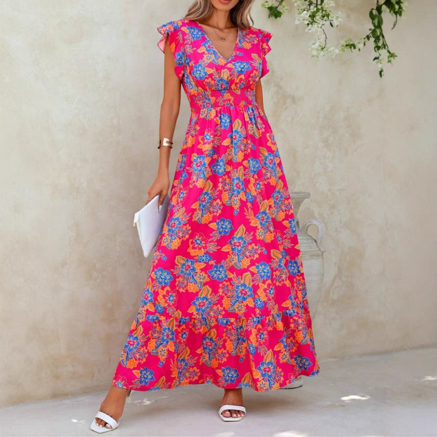 Damer Maxiklänning – Ärmellös – V-Ringning – Blommönster – Luftig Casual Passform