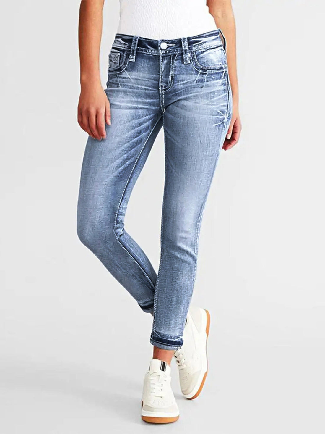 Dam Skinny Jeans – Stretch Denim – Slim Passform – Broderad – Ankellång Casual