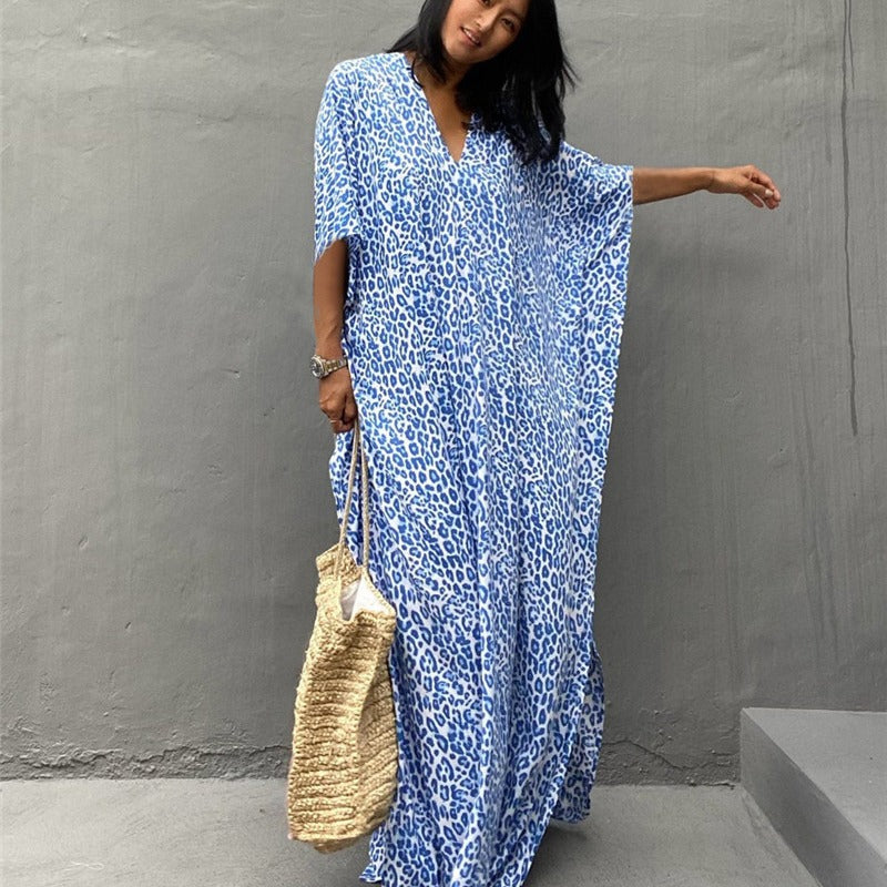 Dam Kaftanklänning – Ledig Passform – V-ringning – Djurmönster – Andningsbart Komfortmaterial