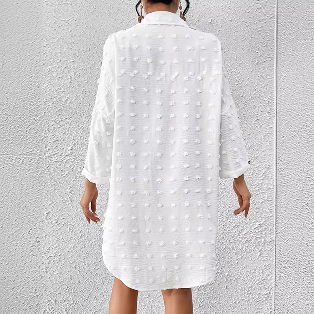 Damer cardigan blus – Chiffong jacquard – Oversized passform – Pompondetaljer – Lång ärm