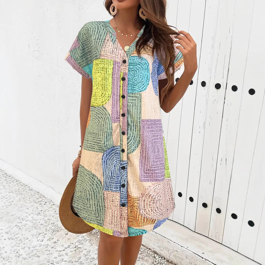 Damklänning – Lös Modell – V-ringning Knappar – Kort Ärm – Geometriskt Mönster