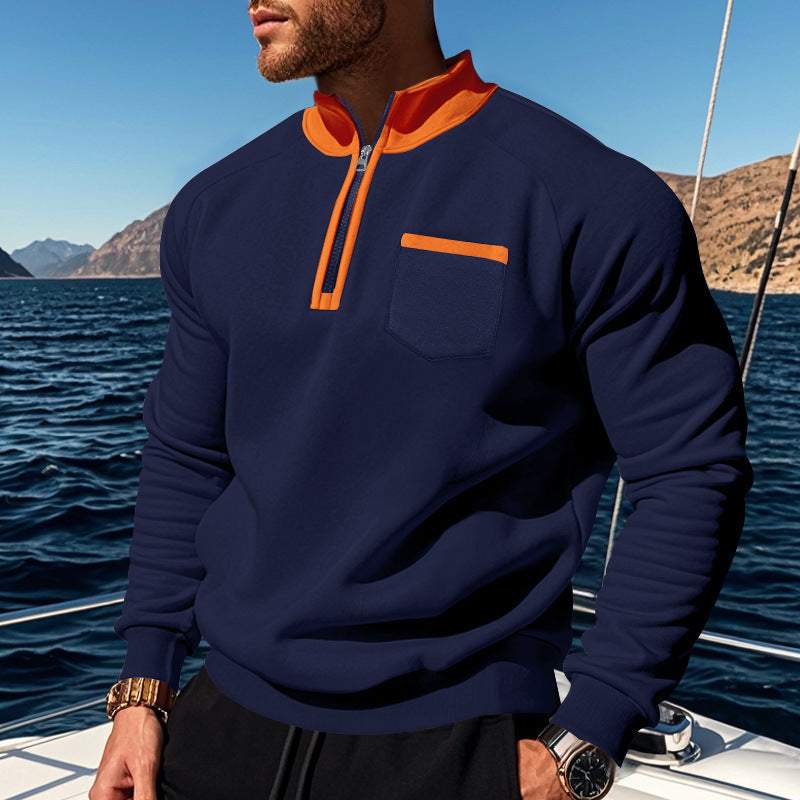 Herenpullover – Casual Pasvorm – Katoen Knit – Half Zip – Opstaande Kraag – Borstzak