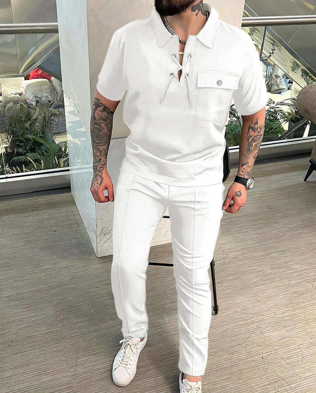 Herr Kort Kostymset – Slim Fit – Andningsbart Tyg – Dragsko Halsringning – Smart Casual