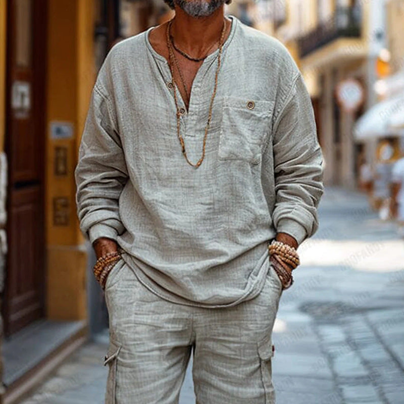 Heren Set – Relaxed Fit – V-Hals Lange Mouw – Cargo Shorts – Ademende Stoffen