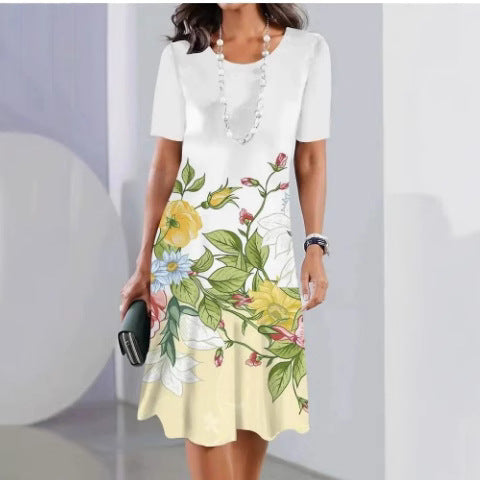 Dam Klänning – Avslappnad Passform – Kort Ärm – Rund Hals – Andningsbar – Tryckdesign