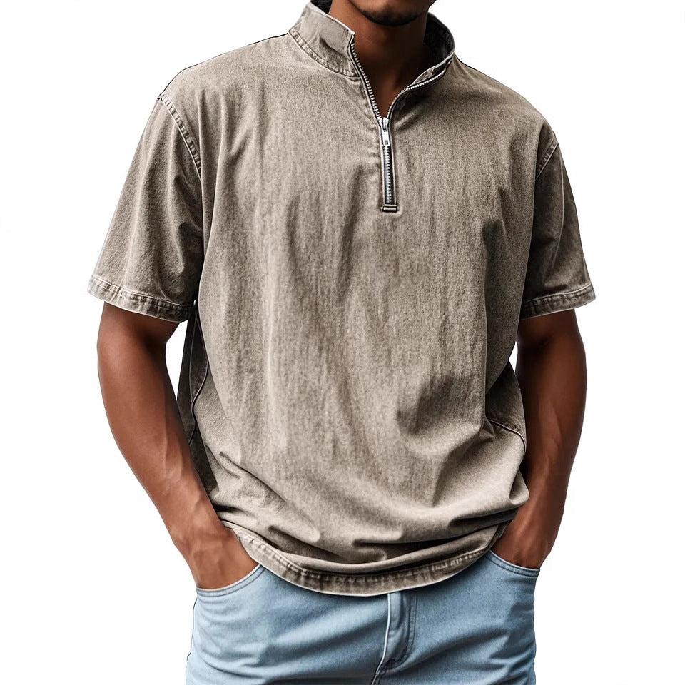 Herr Skjorta Kort Ärm – Figursydd Passform – Dragkedja – Andningsbart Material