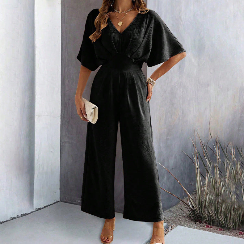 Dam Jumpsuit – Figursydd Midja – V-Hals – Vida Ben – Fladdrande Ärmar – Andningsbar
