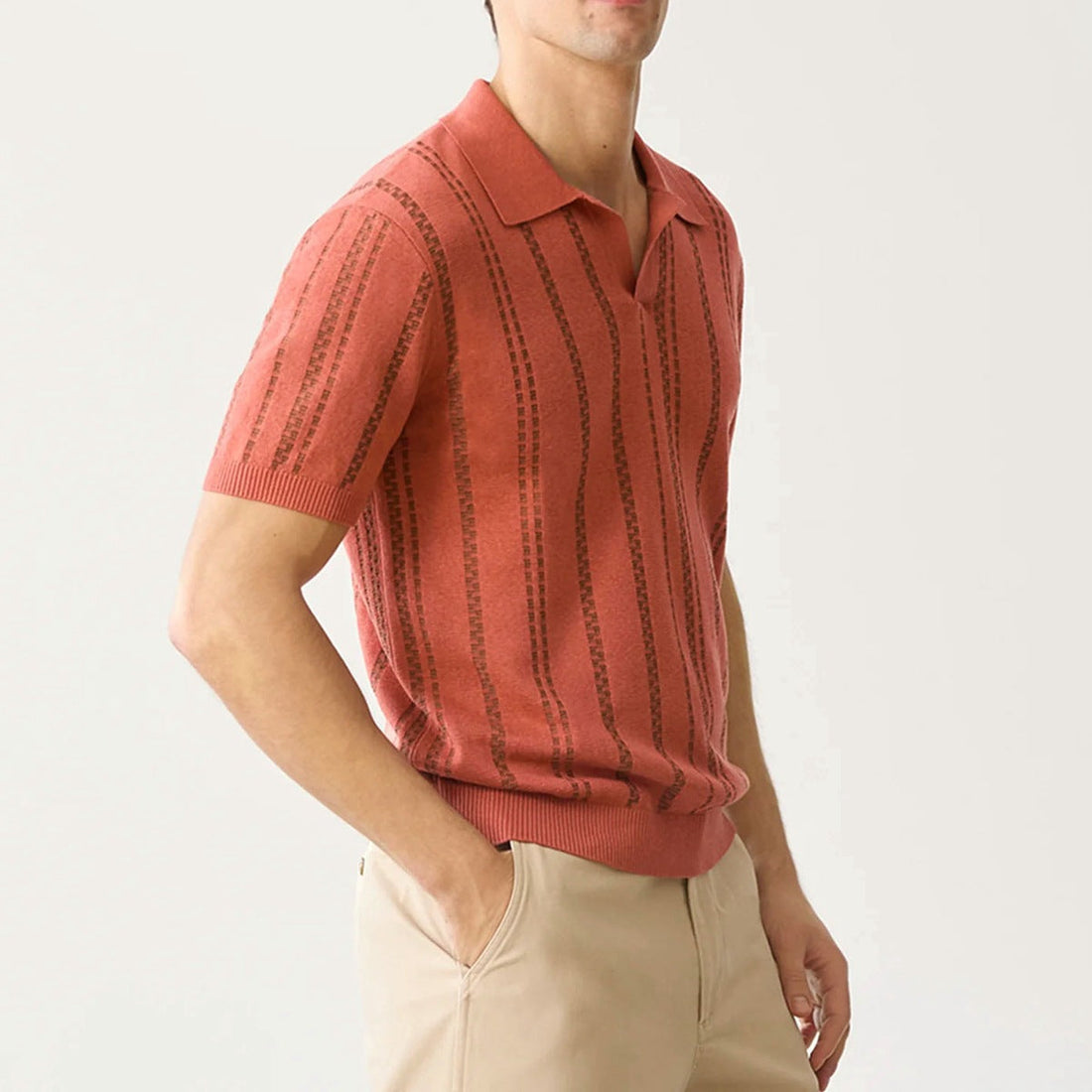Heren Poloshirt – Jacquard Gebreid – Regular Fit – Korte Mouw V-Hals Casual