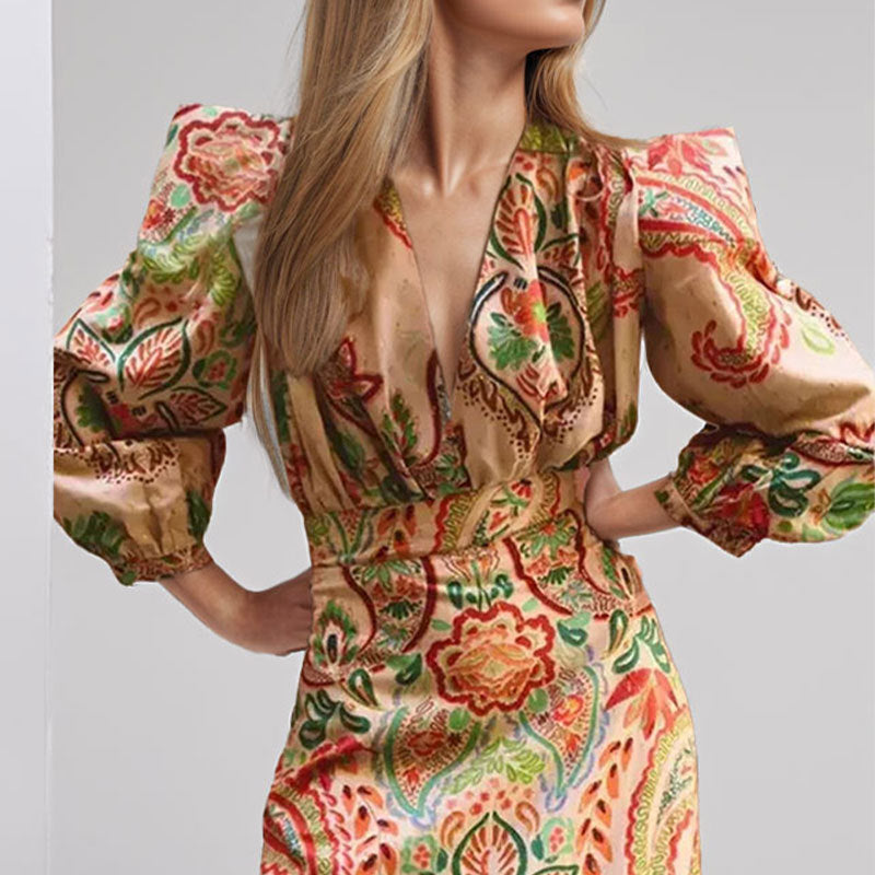 Dames A-lijn Jurk – V-hals – Lange Mouwen – Satijnlook – Paisley Design – Maxi Lengte