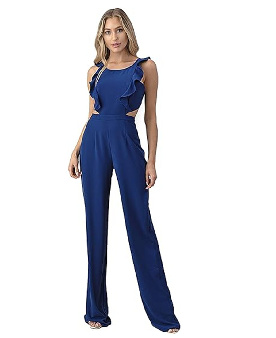 Dam Jumpsuit – Hög Midja – Vida Byxben – Ärmlös – Volanger – Midja Cut-Out
