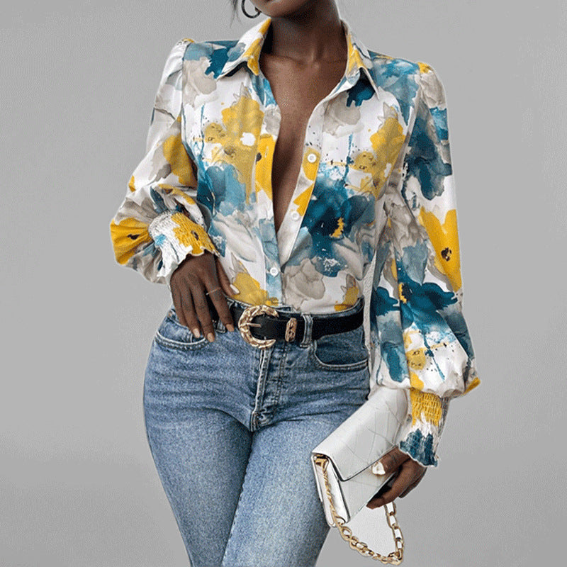 Dam Blus – Oversized Passform – Puffärmar – Blommönster – Andningsbart Tyg