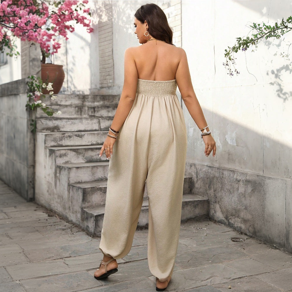 Dam Jumpsuit – Avslappnad Passform – Smockad Byst – Bomull – Vida Ben – Sidofickor