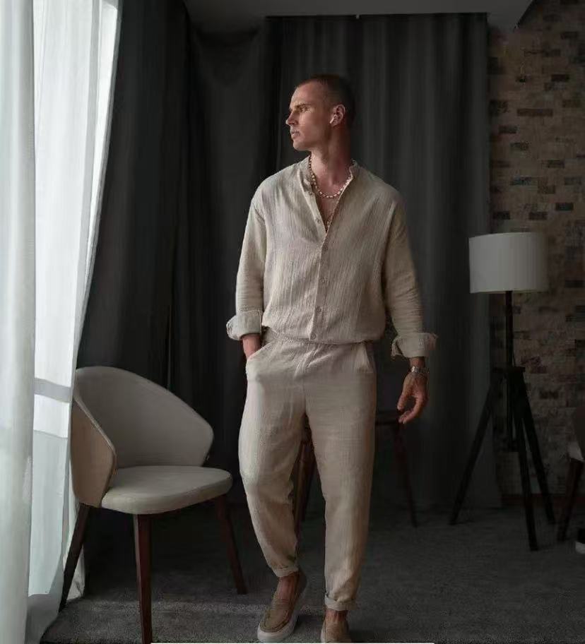 Heren Set – Linnen Mix – Relaxed Fit – Overhemd met Knoopsluiting & Tapered Broek