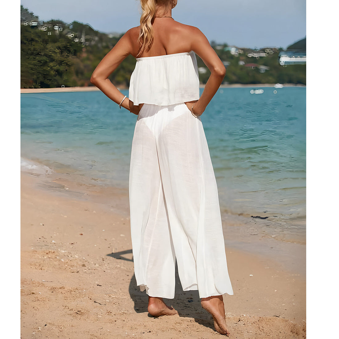 Damer Tvådelat Set – Axelbandslös Topp – Vida Byxor – Lätt och Andningsbar