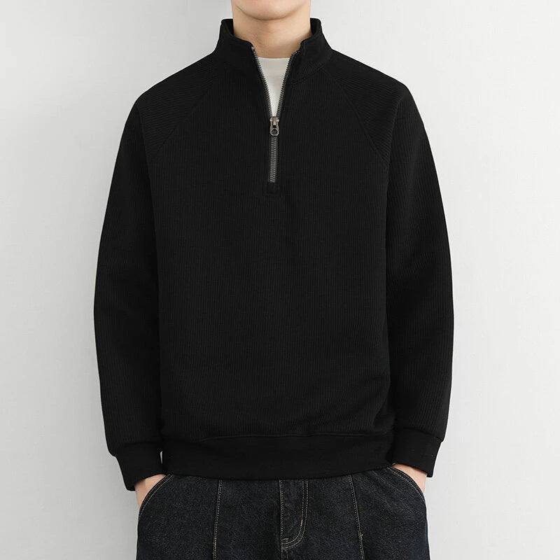 Heren sweatshirt met halve rits – Relaxed fit – Geribd – Opstaande kraag – Raglanmouwen