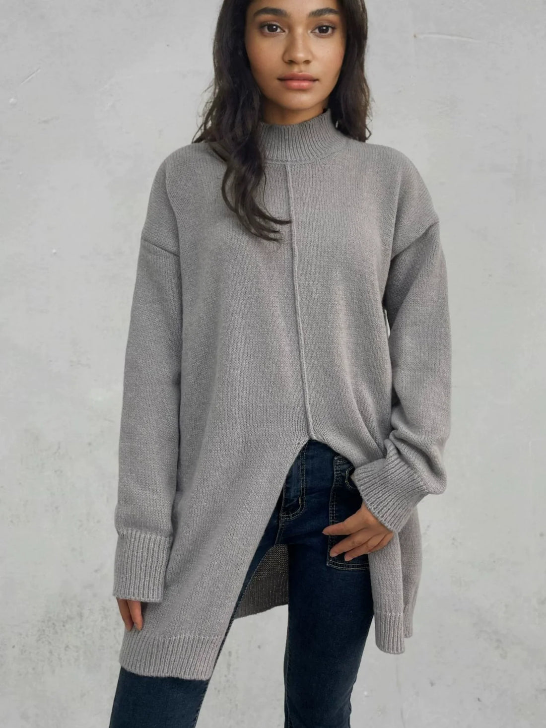 Dames Pullover Trui – Oversized Pasvorm – Wol Gebreid – Halve Col – Splitzoom