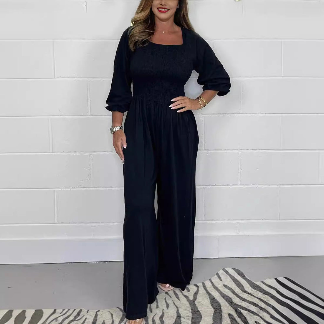 Dam Jumpsuit – Smockad Topp – Bomullsmix – Vida Byxben – 3/4 Ärmar – Fyrkantig Hals