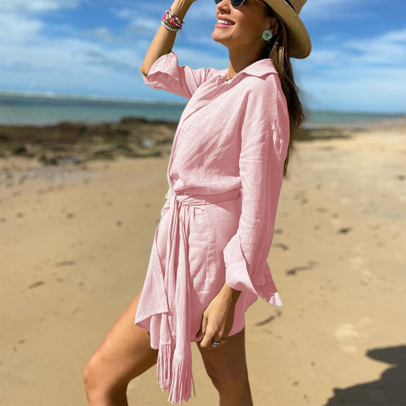 Damer Omslagsklänning – Bomull Linne – Mini Längd – Långa Ärmar – Krage V-Ringning