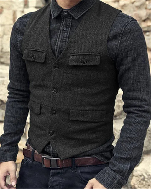 Heren Gilet – Vintage Stijl – Wolmix – Getailleerde Pasvorm – Enkel Rij Knopen