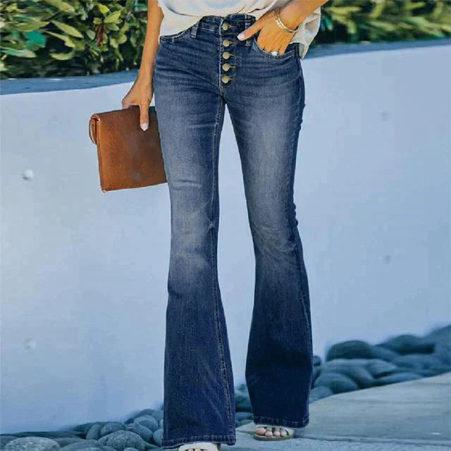 Dames Jeans - Denim Stretch - Hoge Taille - Slim Fit - Flared Pijpen - Knopenvlieg