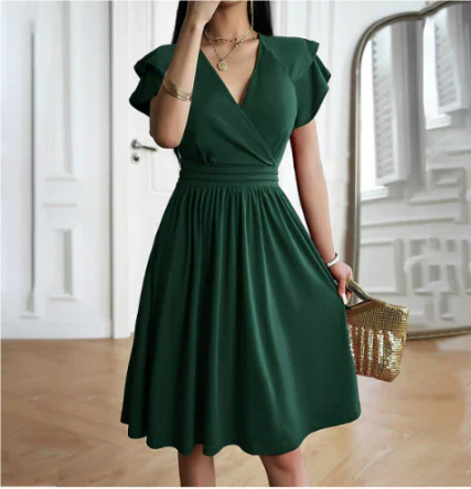 Dames Midi Jurk – Elegante Overslag – Ademend Materiaal – A-Lijn met Vlindermouwen